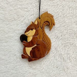 Hand Carved Wood Squirrel Ornament Intarsia Style Woodland Hanging Decor